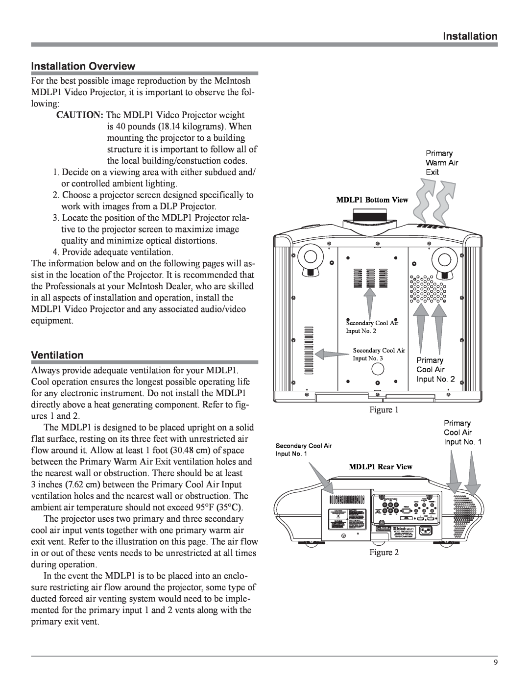McIntosh MDLP1 owner manual Installation Overview, Ventilation 