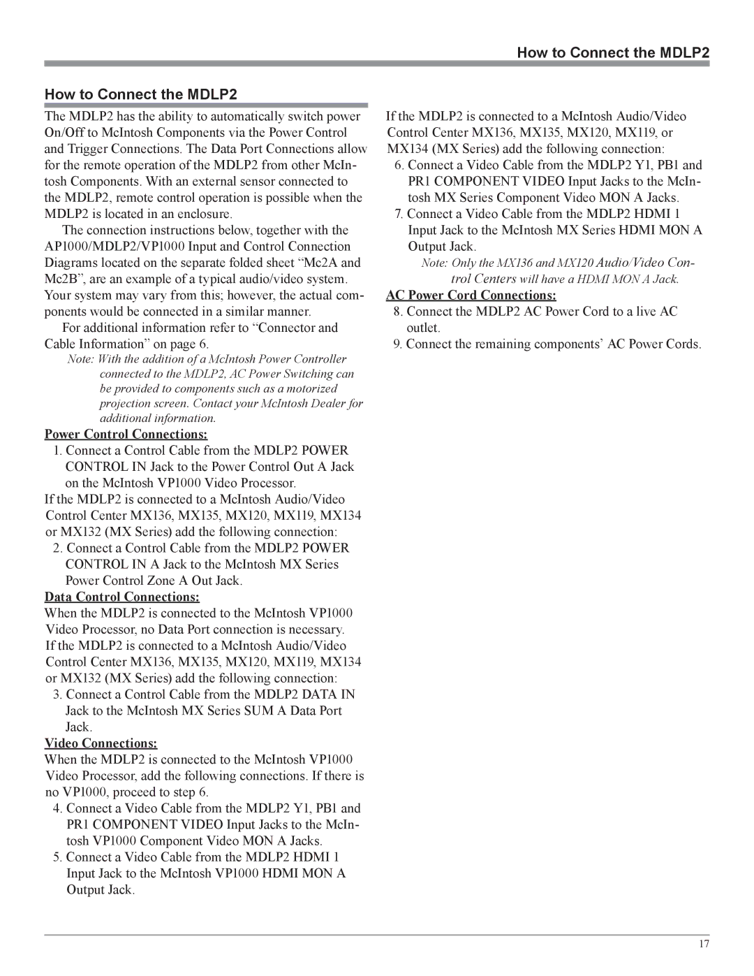 McIntosh owner manual How to Connect the MDLP2, Power Control Connections, Data Control Connections, Video Connections 