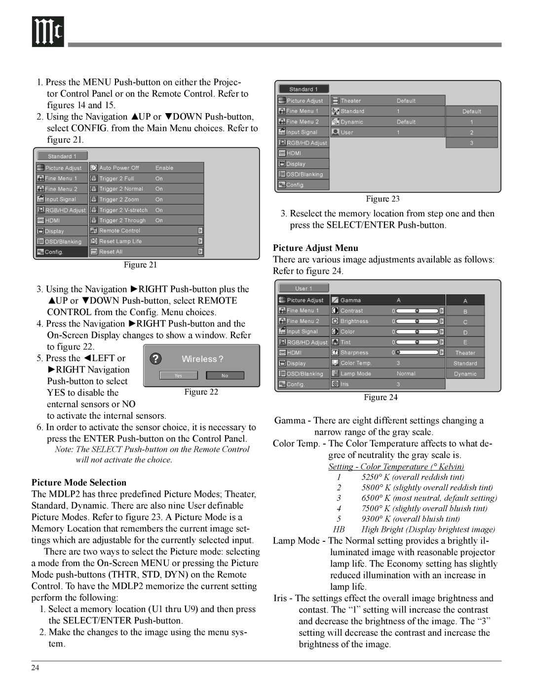 McIntosh MDLP2 owner manual Picture Adjust Menu, Picture Mode Selection 