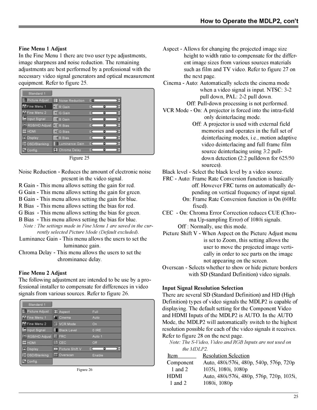 McIntosh How to Operate the MDLP2, con’t, Fine Menu 1 Adjust, Fine Menu 2 Adjust, Input Signal Resolution Selection 