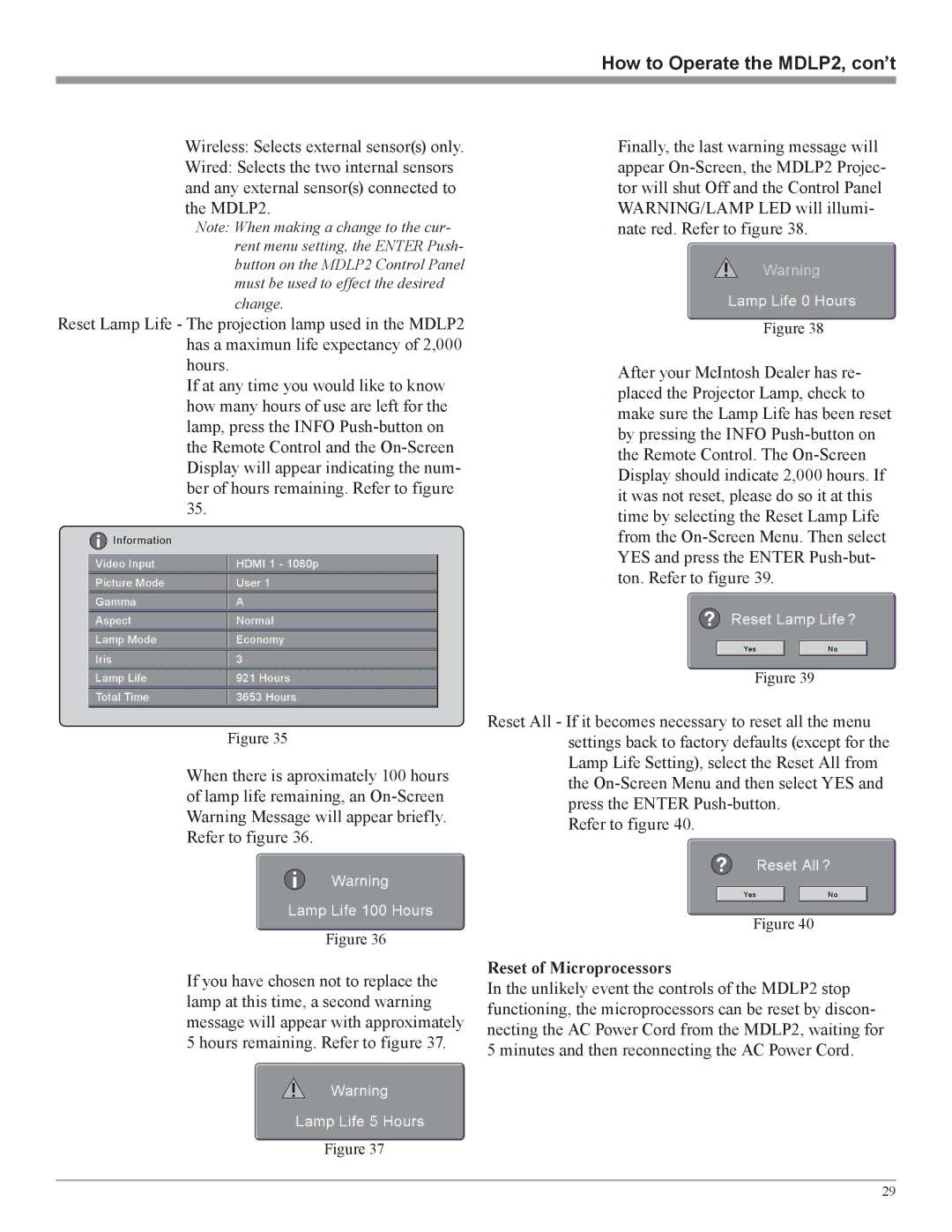 McIntosh MDLP2 owner manual Reset of Microprocessors 