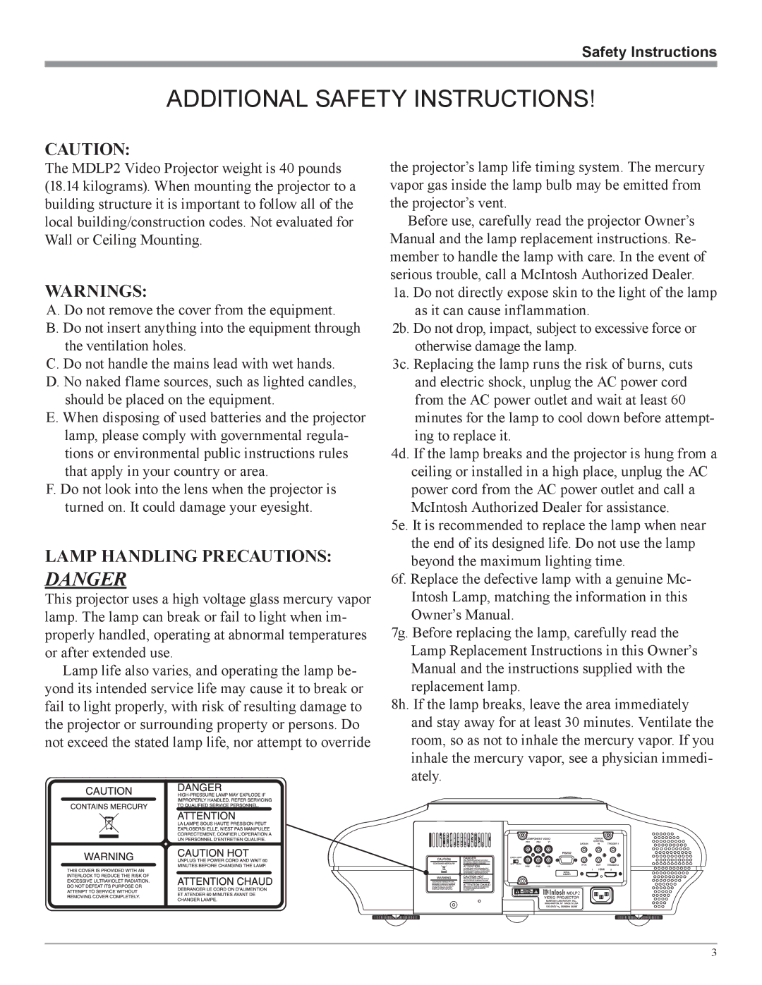 McIntosh MDLP2 owner manual Additional Safety Instructions 