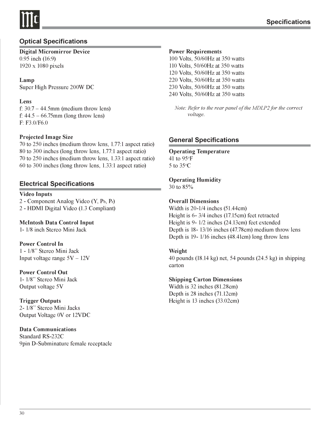 McIntosh MDLP2 owner manual Specifications Optical Specifications, Electrical Specifications, General Specifications 