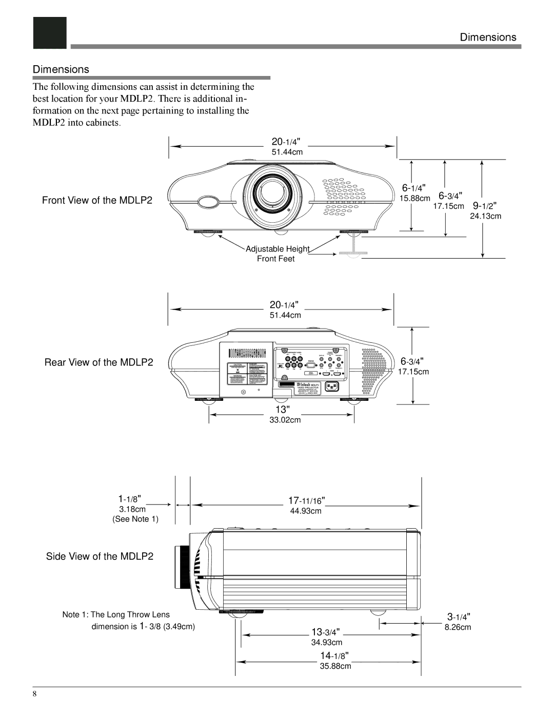 McIntosh owner manual Dimensions, Front View of the MDLP2 Rear View of the MDLP2, Side View of the MDLP2 