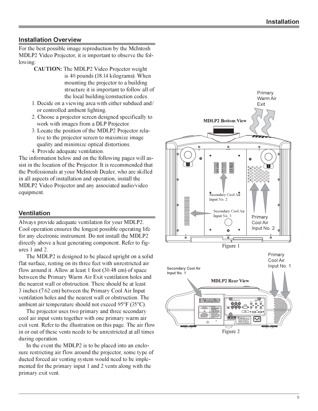 McIntosh MDLP2 owner manual Installation Installation Overview, Ventilation 