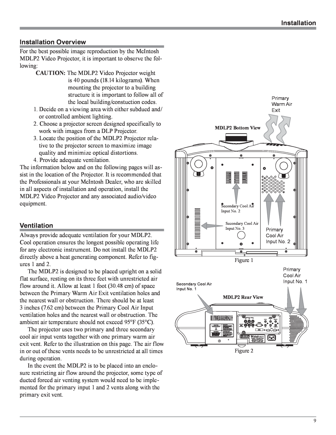 McIntosh MDLP2 owner manual Installation Overview, Ventilation 