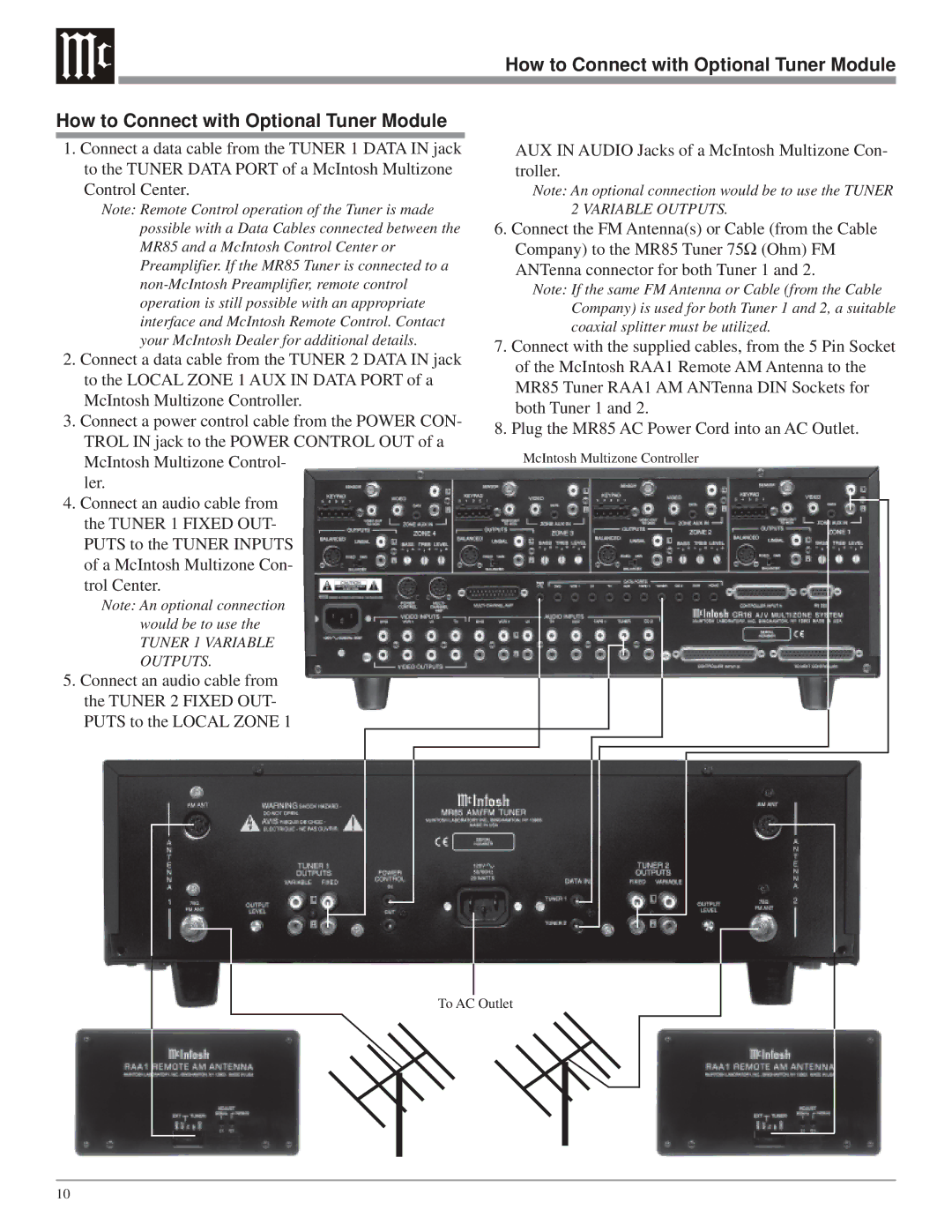 McIntosh MR85 owner manual How to Connect with Optional Tuner Module 