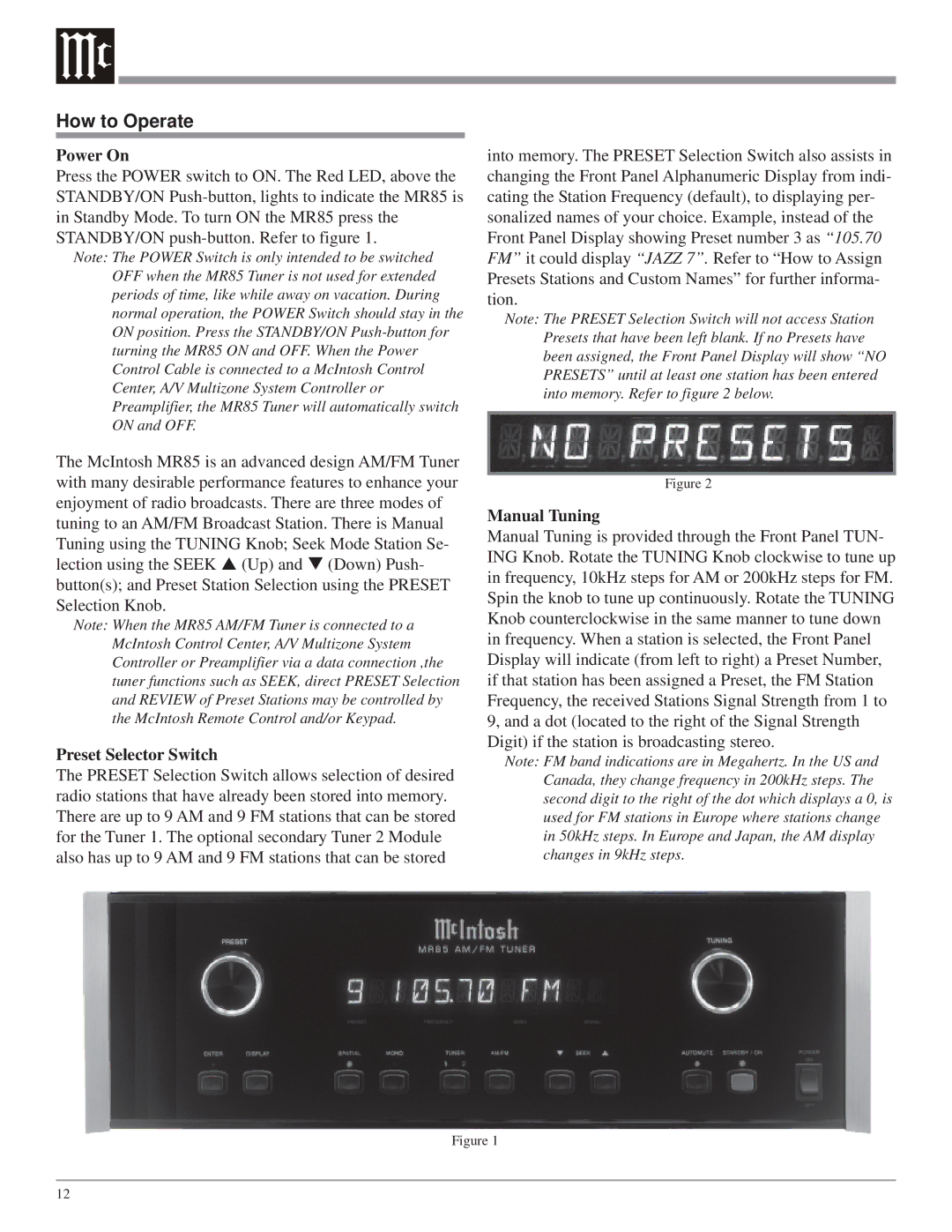 McIntosh MR85 owner manual How to Operate, Power On, Preset Selector Switch, Manual Tuning 