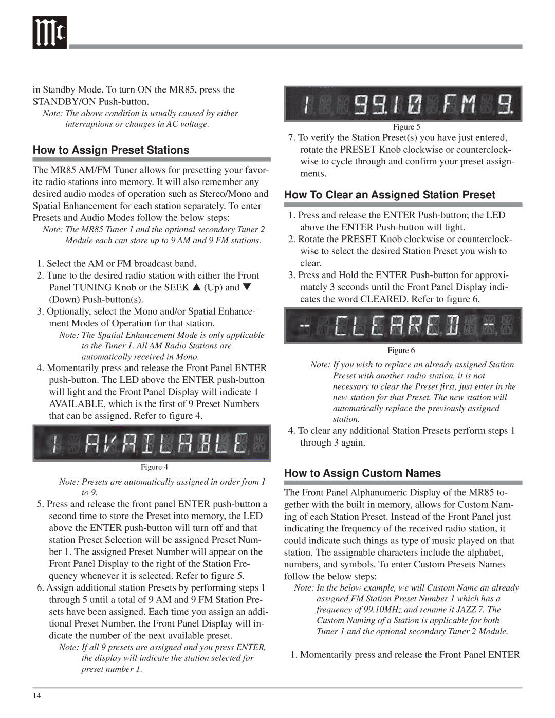 McIntosh MR85 How to Assign Preset Stations, How To Clear an Assigned Station Preset, How to Assign Custom Names 