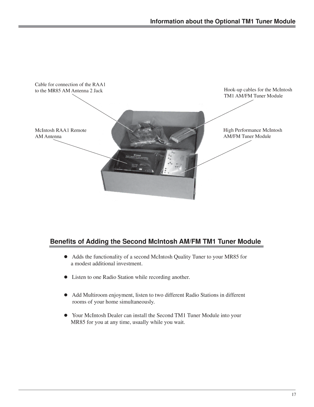 McIntosh MR85 owner manual Information about the Optional TM1 Tuner Module 