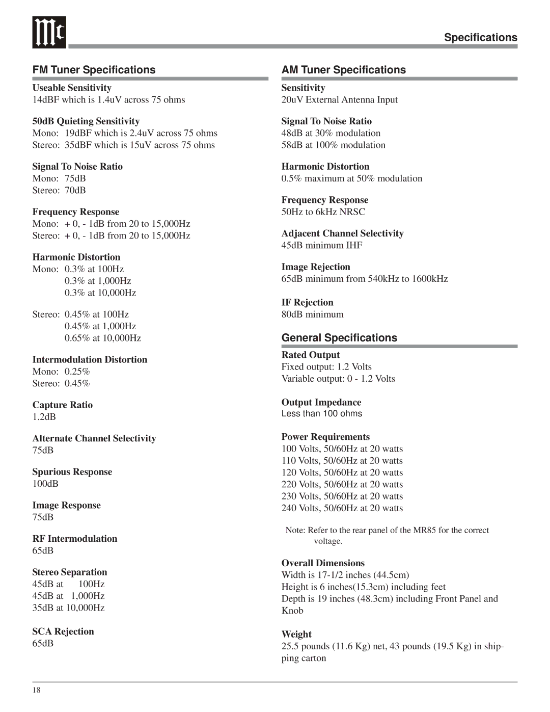 McIntosh MR85 owner manual General Specifications 