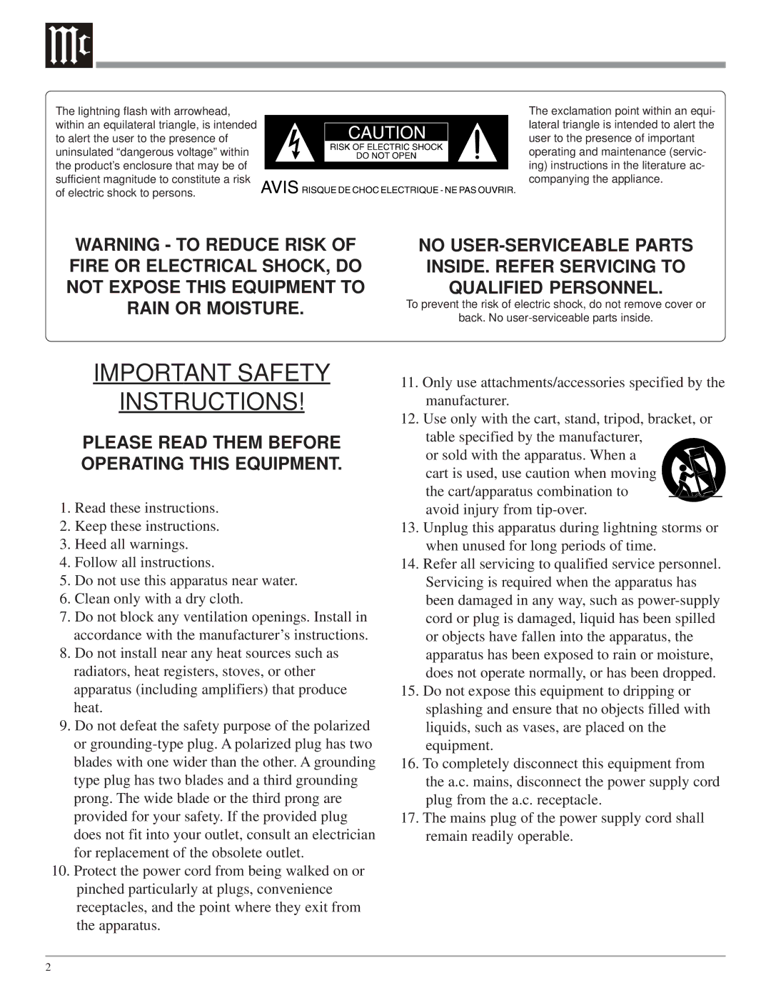 McIntosh MR85 owner manual Important Safety Instructions 