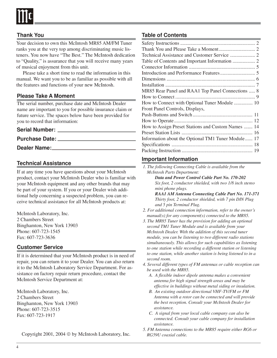 McIntosh MR85 owner manual Thank You, Please Take a Moment, Customer Service, Table of Contents, Important Information 