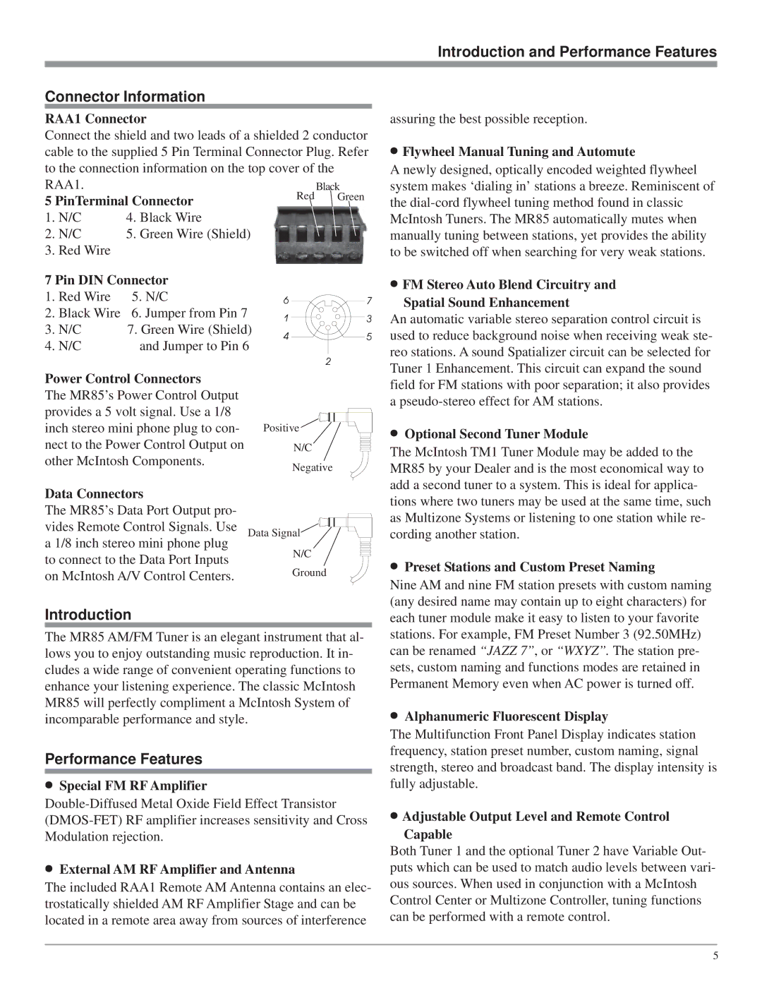 McIntosh MR85 owner manual Introduction and Performance Features Connector Information 