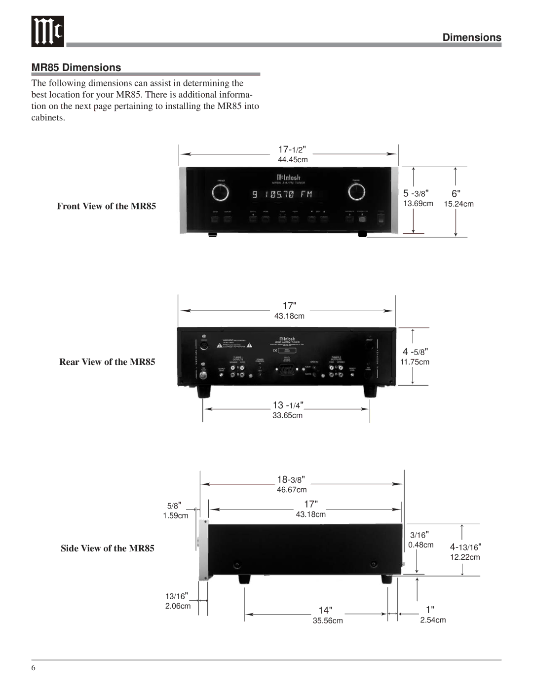 McIntosh owner manual Dimensions MR85 Dimensions, Front View of the MR85 Rear View of the MR85, Side View of the MR85 