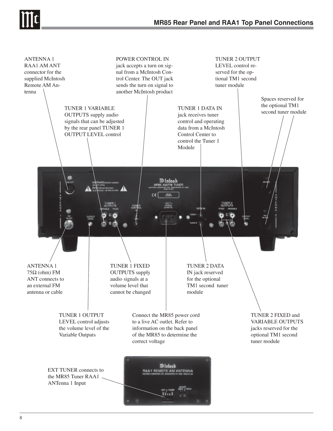 McIntosh owner manual MR85 Rear Panel and RAA1 Top Panel Connections, Antenna Power Control RAA1 AM ANT 