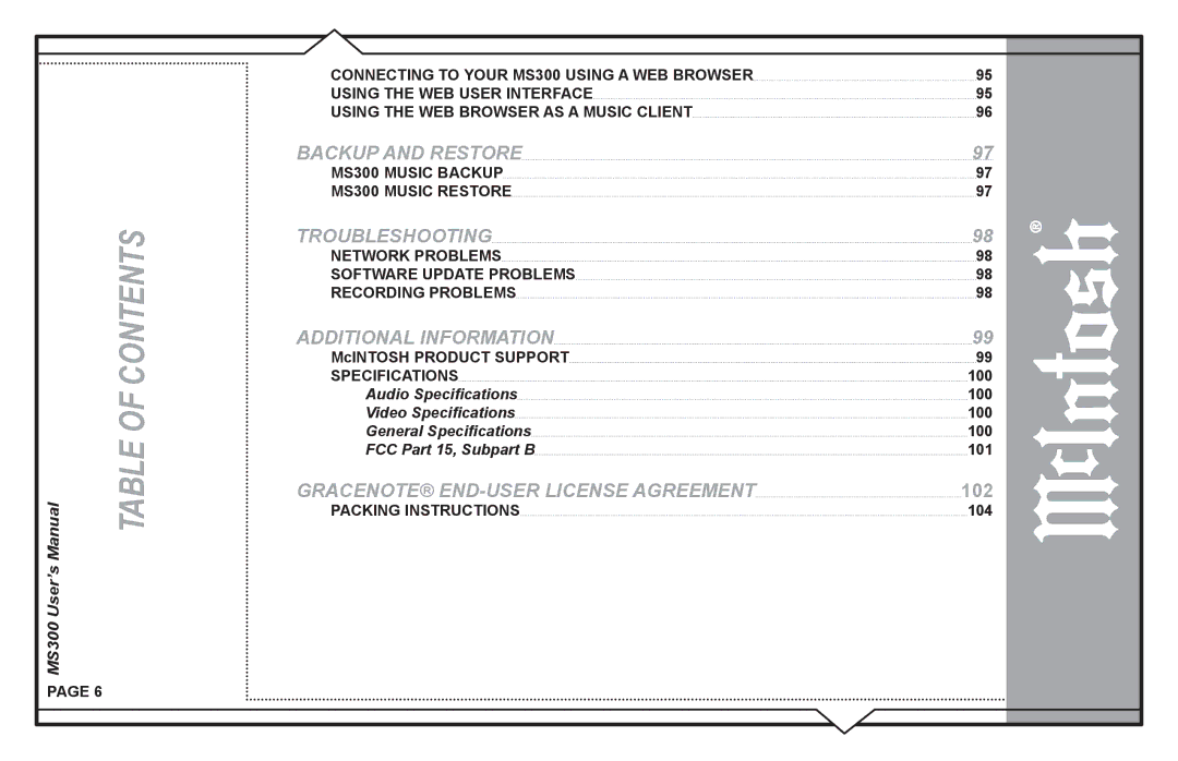 McIntosh MS300 user manual Audio Speciﬁcations, Video Speciﬁcations, General Speciﬁcations, FCC Part 15, Subpart B 