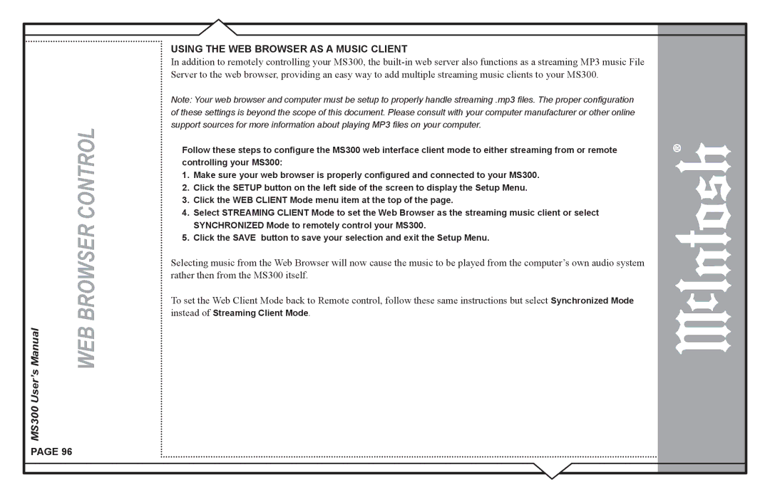 McIntosh MS300 user manual Using the WEB Browser AS a Music Client 