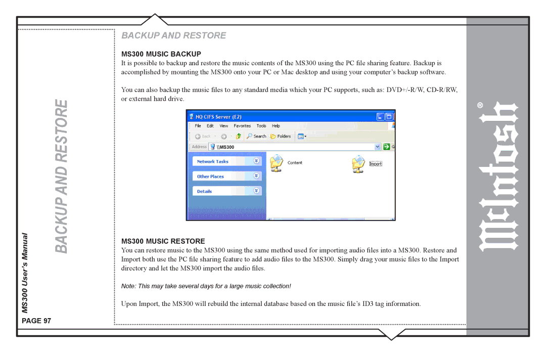 McIntosh user manual Backup and Restore, MS300 Music Backup 