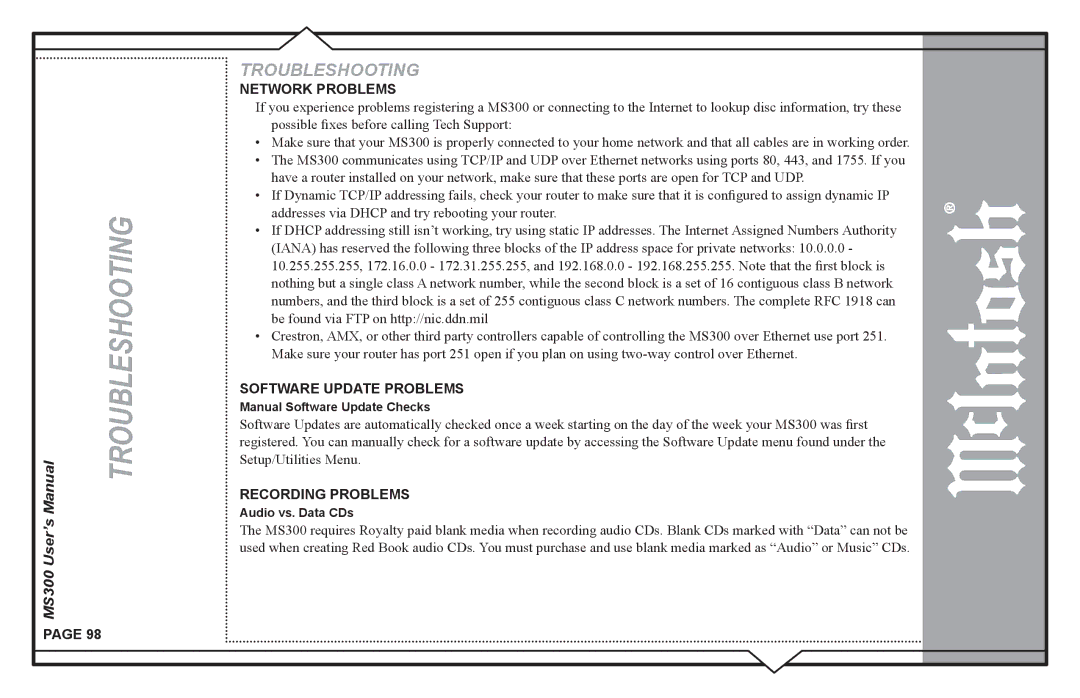 McIntosh MS300 user manual Troubleshooting, Network Problems 