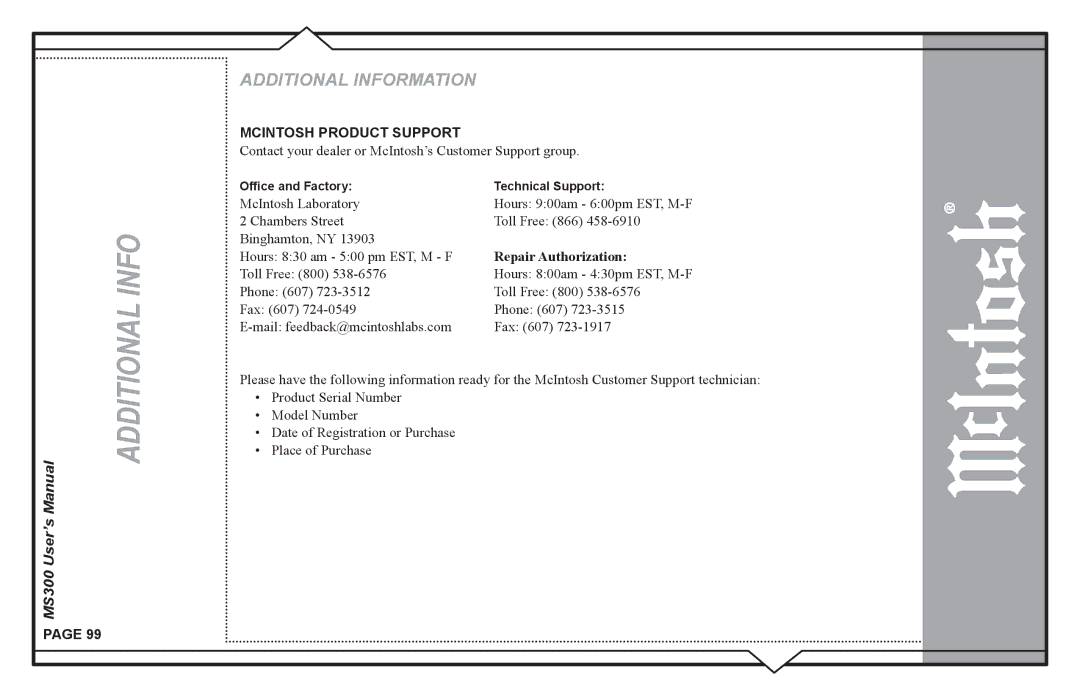 McIntosh MS300 user manual Additional Info, Mcintosh Product Support 