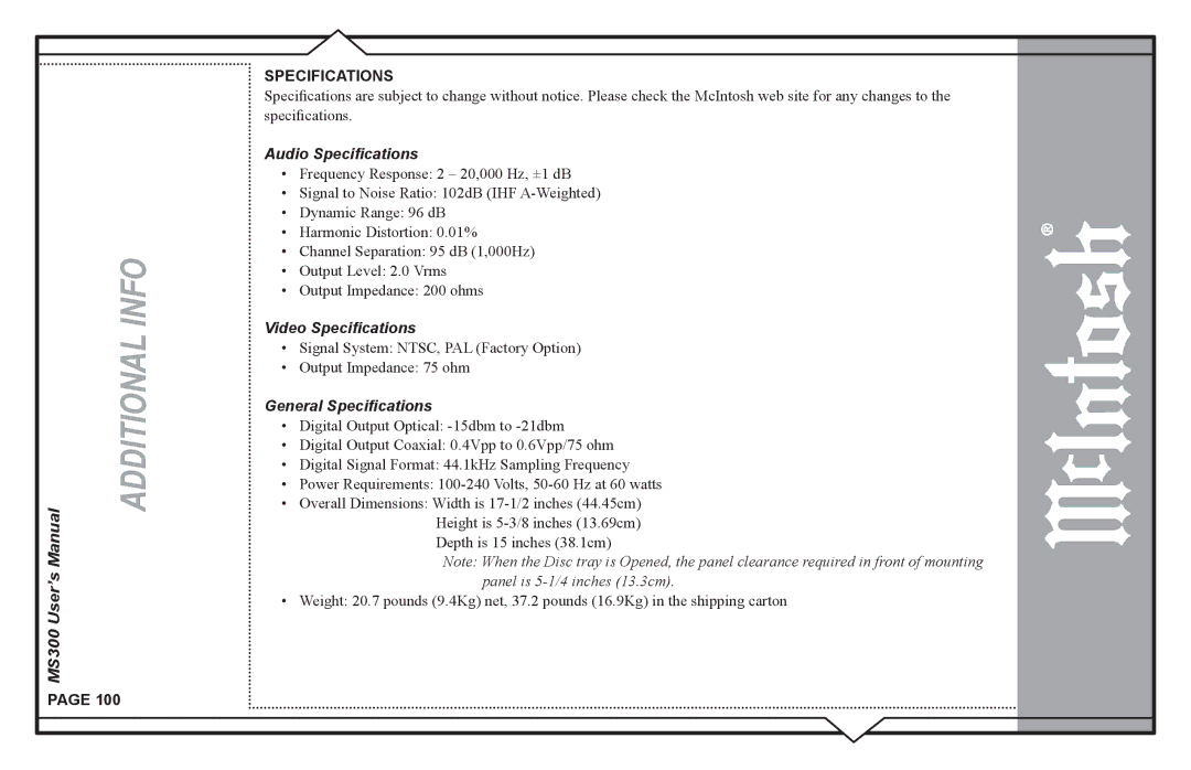 McIntosh MS300 user manual Audio Speciﬁcations 