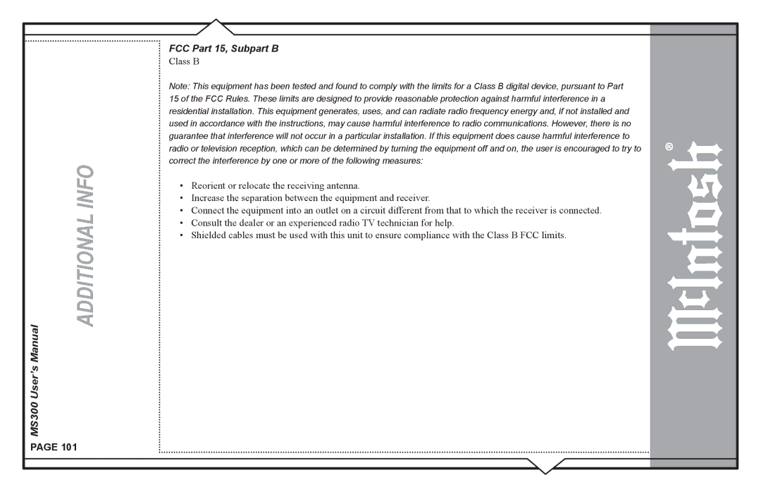 McIntosh user manual MS300 User’s FCC Part 15, Subpart B 