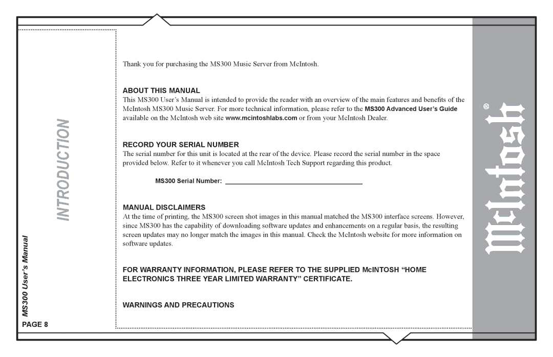 McIntosh MS300 user manual About this Manual Record Your Serial Number, Electronics Three Year Limited Warranty Certificate 