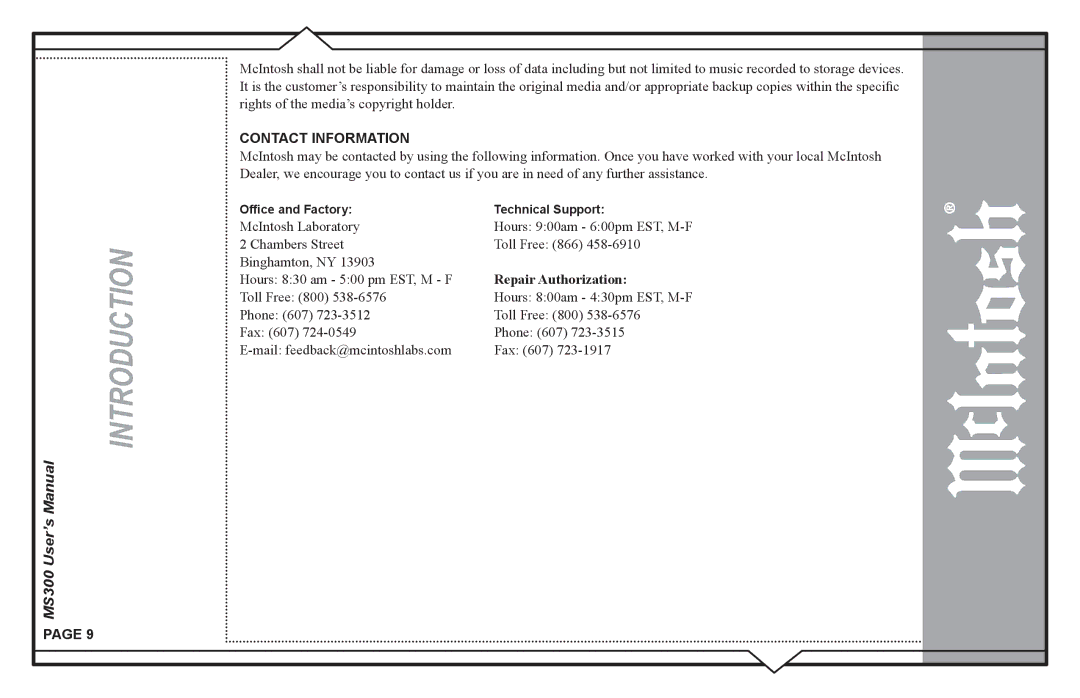 McIntosh MS300 user manual Repair Authorization 