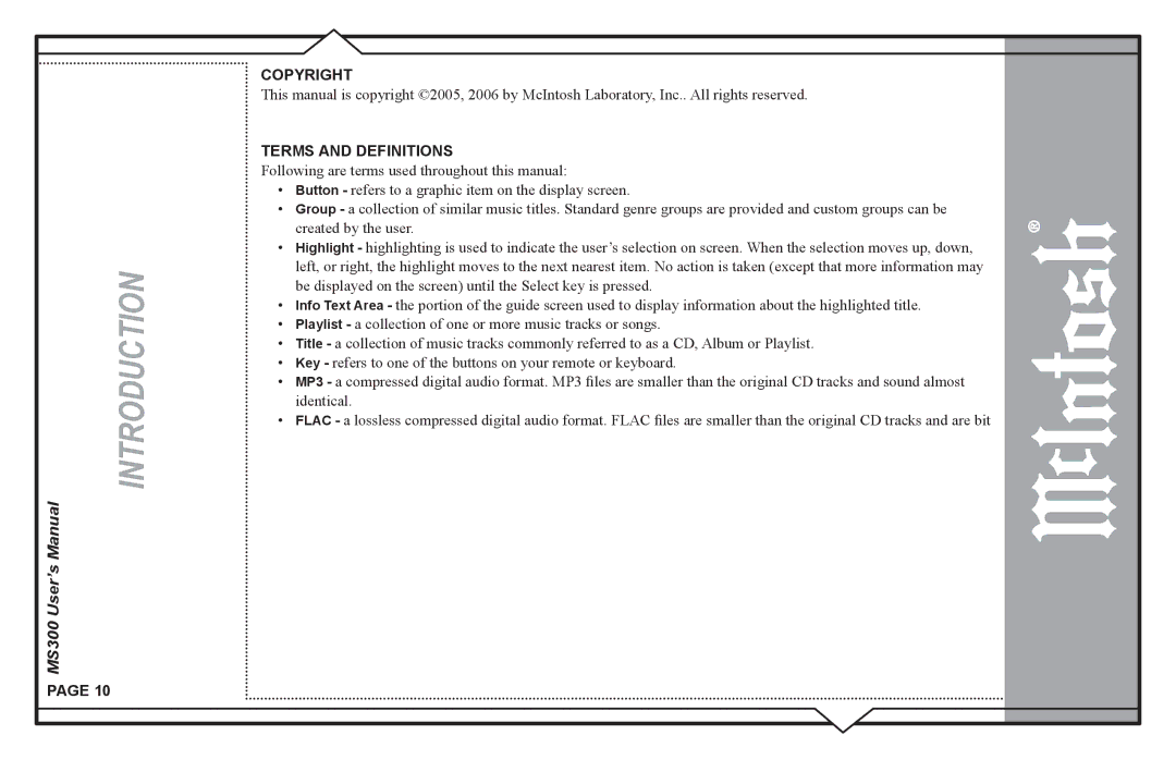 McIntosh MS300 user manual Copyright 