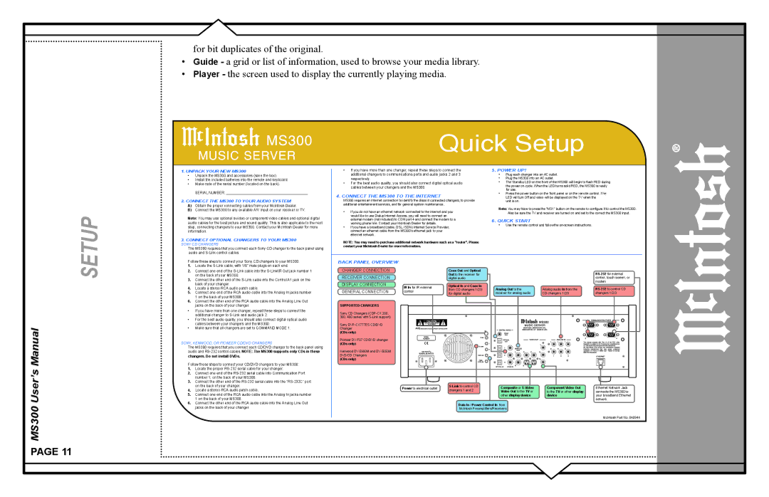 McIntosh MS300 user manual Quick Setup 