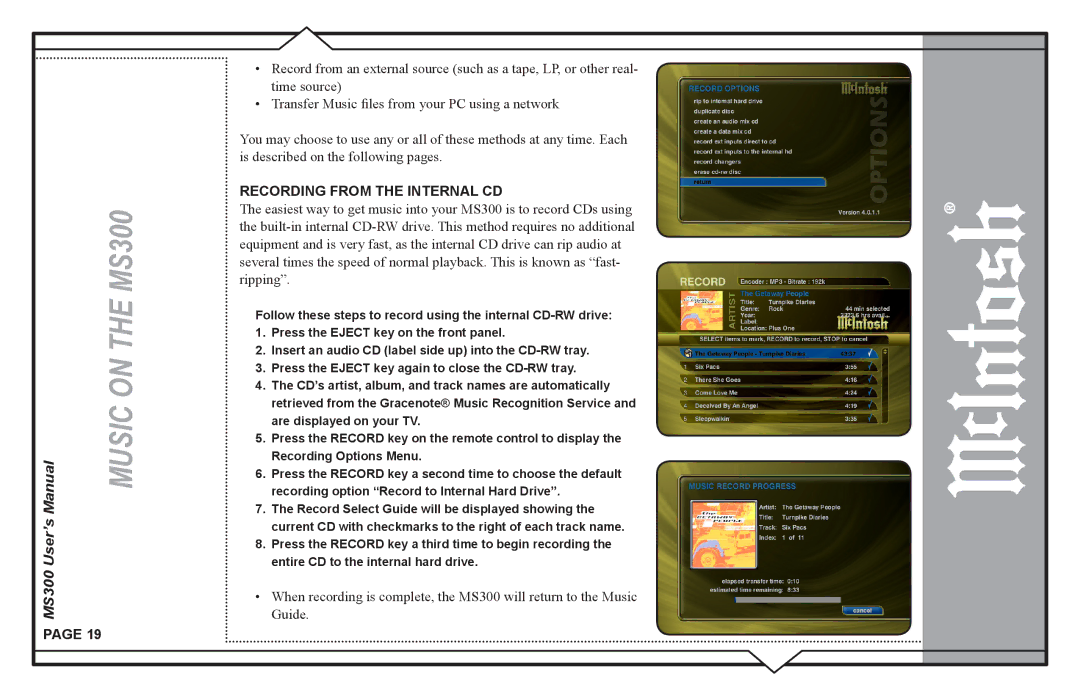 McIntosh MS300 user manual Recording from the Internal CD 