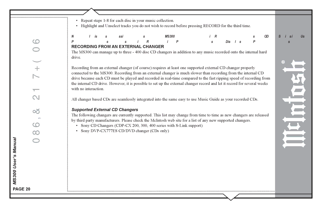 McIntosh MS300 user manual Recording from AN External Changer, Supported External CD Changers 