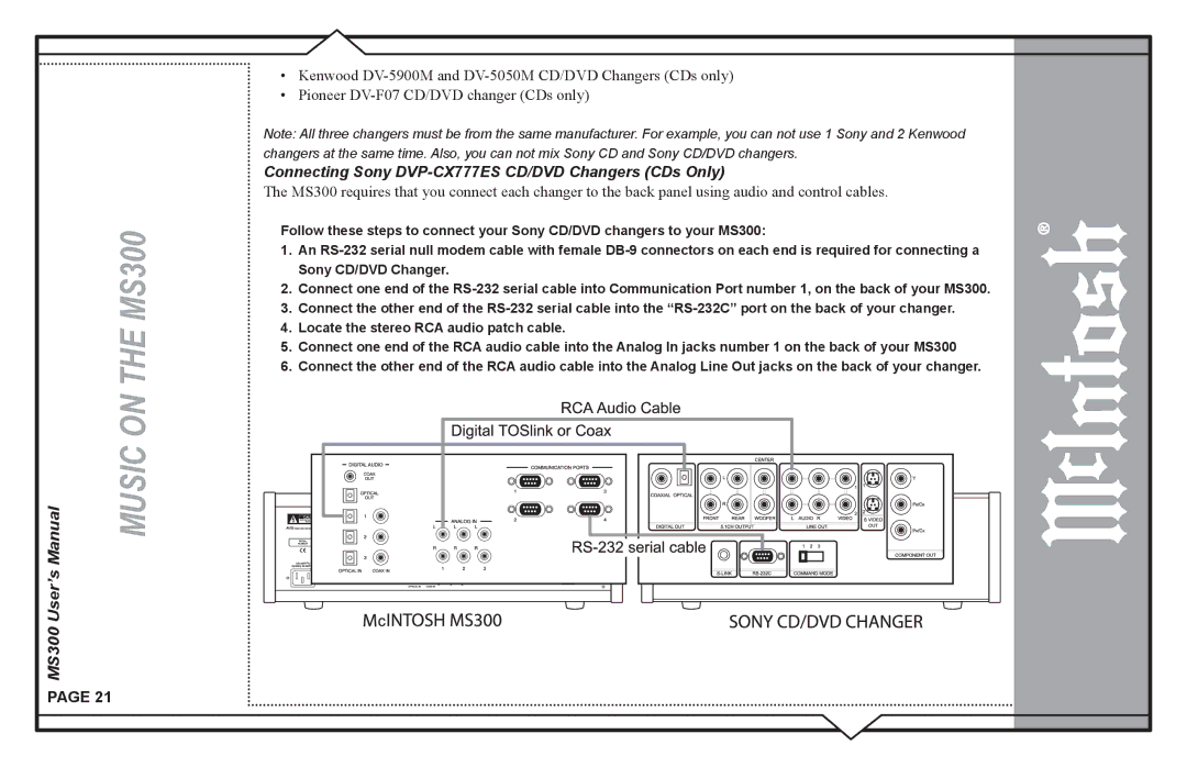 McIntosh MS300 user manual Connecting Sony DVP-CX777ES CD/DVD Changers CDs Only 