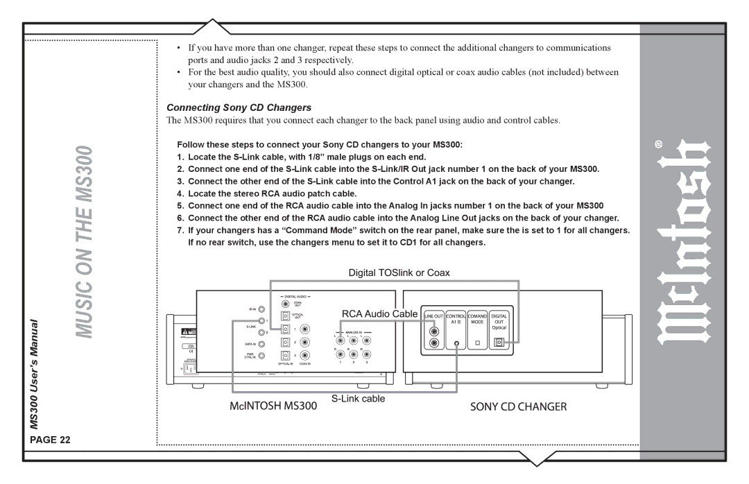 McIntosh MS300 user manual Connecting Sony CD Changers 