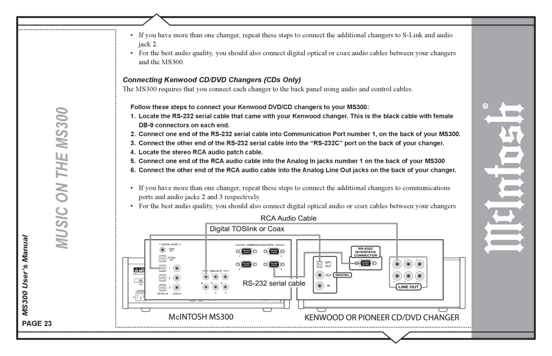 McIntosh MS300 user manual Connecting Kenwood CD/DVD Changers CDs Only 