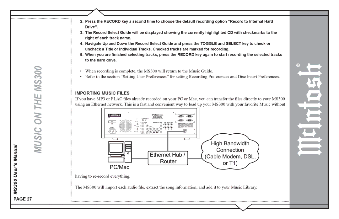 McIntosh MS300 user manual Importing Music Files 