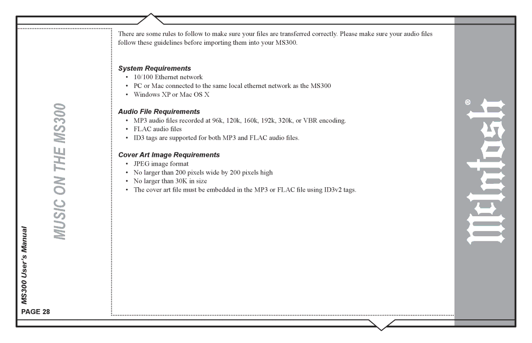 McIntosh MS300 user manual System Requirements, Audio File Requirements 