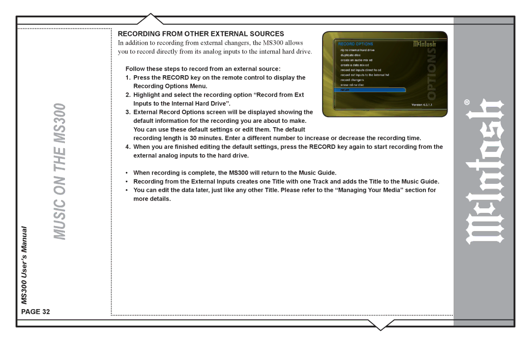 McIntosh MS300 user manual Recording from Other External Sources 