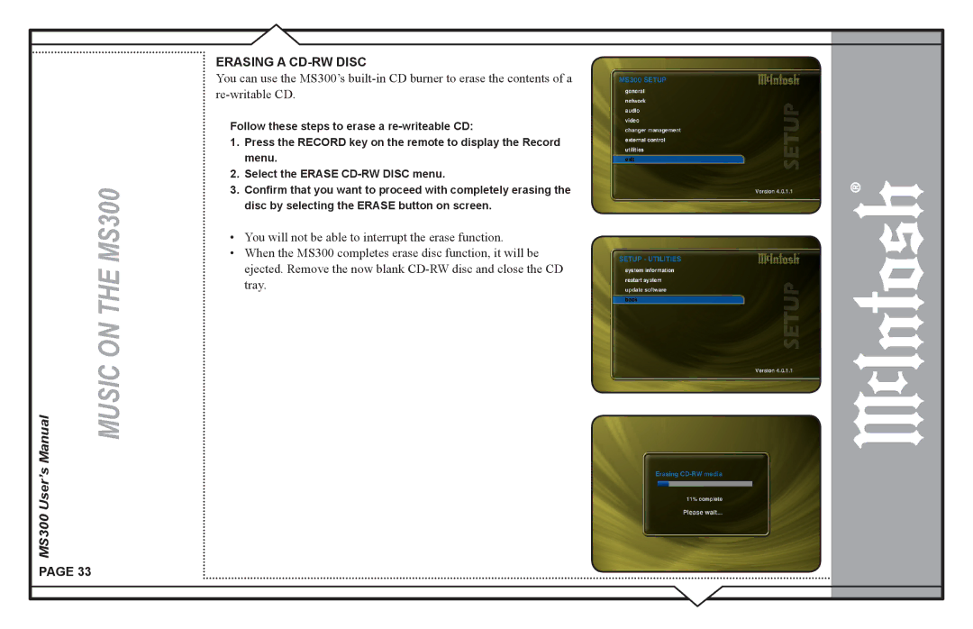 McIntosh MS300 user manual Erasing a CD-RW Disc 