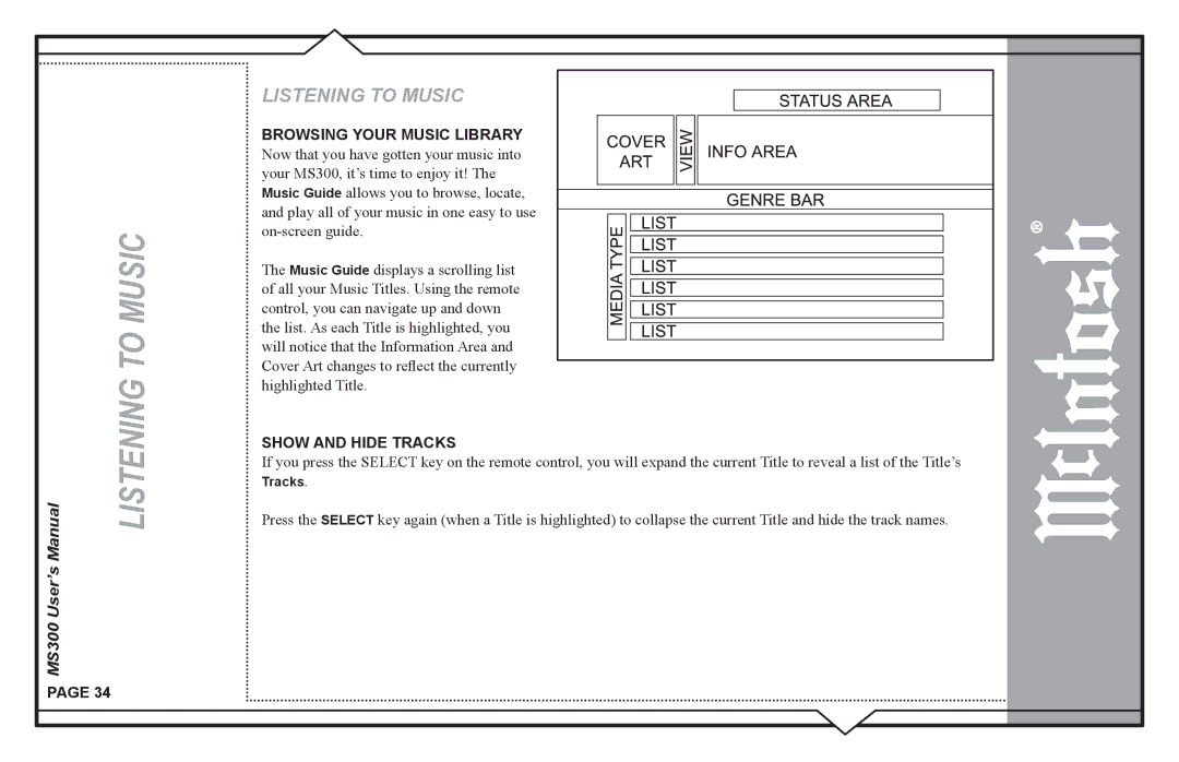 McIntosh MS300 user manual Listening to Music, Show and Hide Tracks 