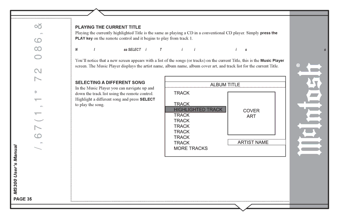 McIntosh MS300 user manual Playing the Current Title 