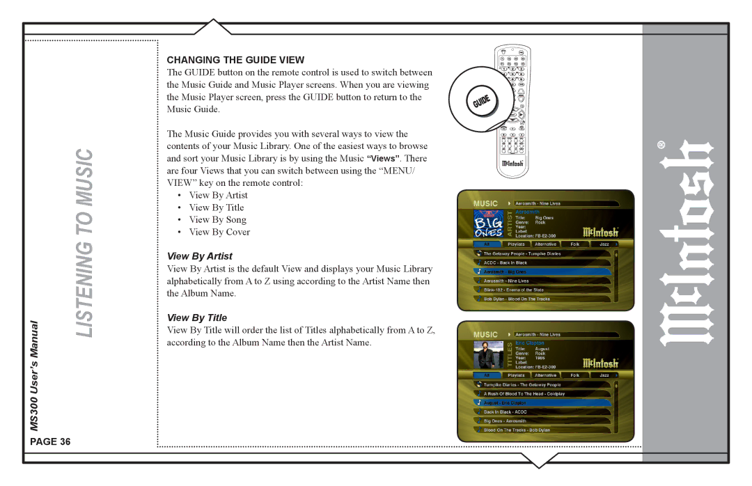 McIntosh MS300 user manual Changing the Guide View, View By Artist 