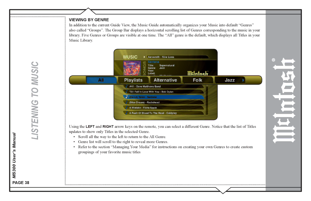 McIntosh MS300 user manual Viewing by Genre 