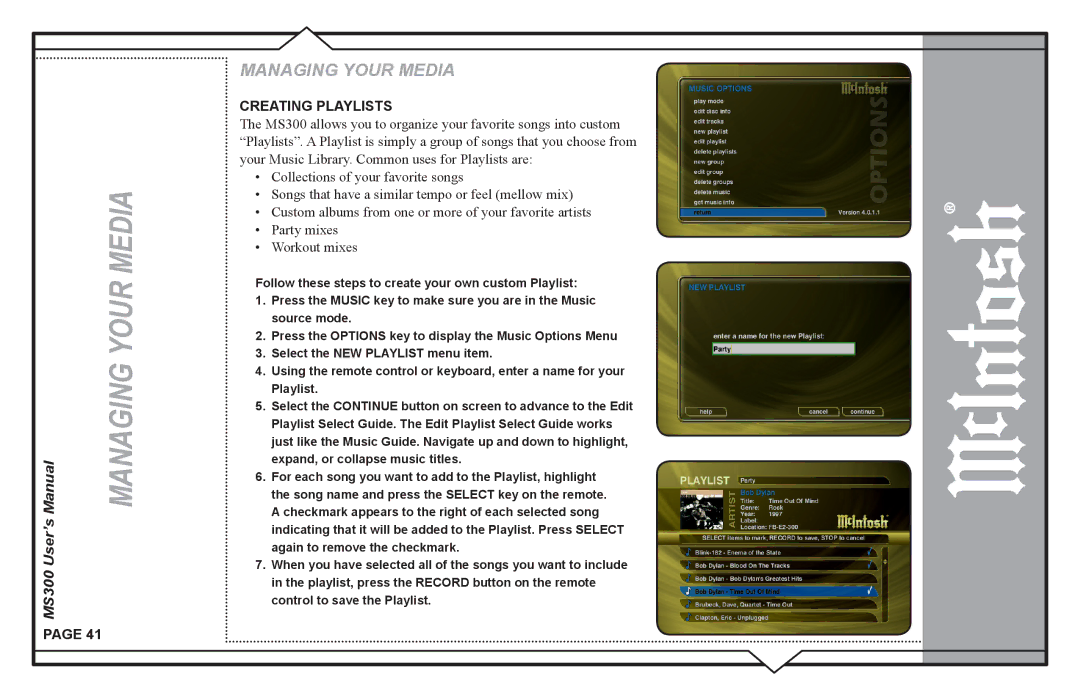 McIntosh MS300 user manual Managing Your Media, Creating Playlists 