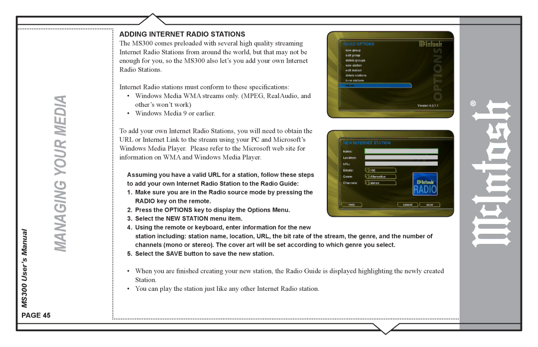 McIntosh MS300 user manual Adding Internet Radio Stations 