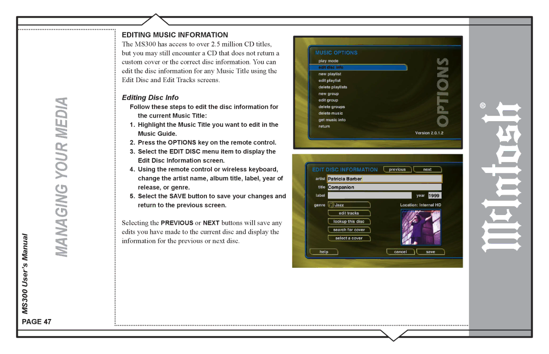 McIntosh MS300 user manual Editing Music Information, Editing Disc Info 