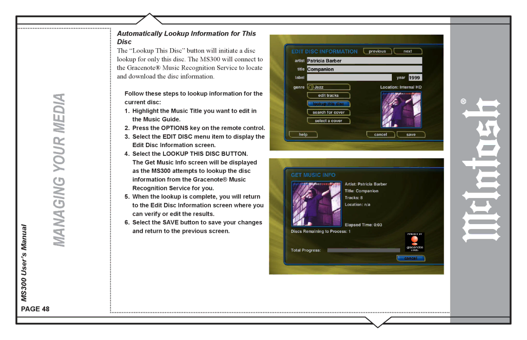 McIntosh user manual MS300 User’s Automatically Lookup Information for This Disc 