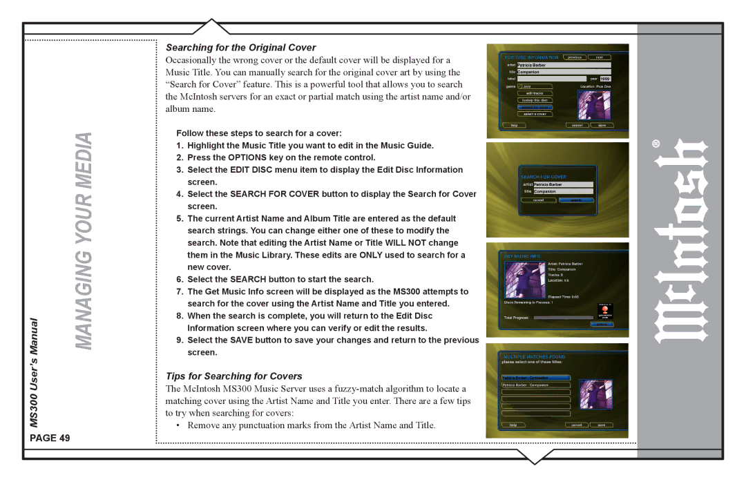 McIntosh user manual MS300 User’s Searching for the Original Cover, Tips for Searching for Covers 