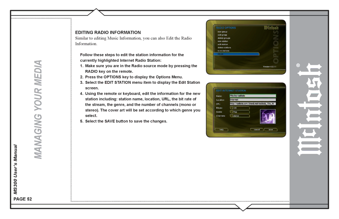 McIntosh MS300 user manual Editing Radio Information 